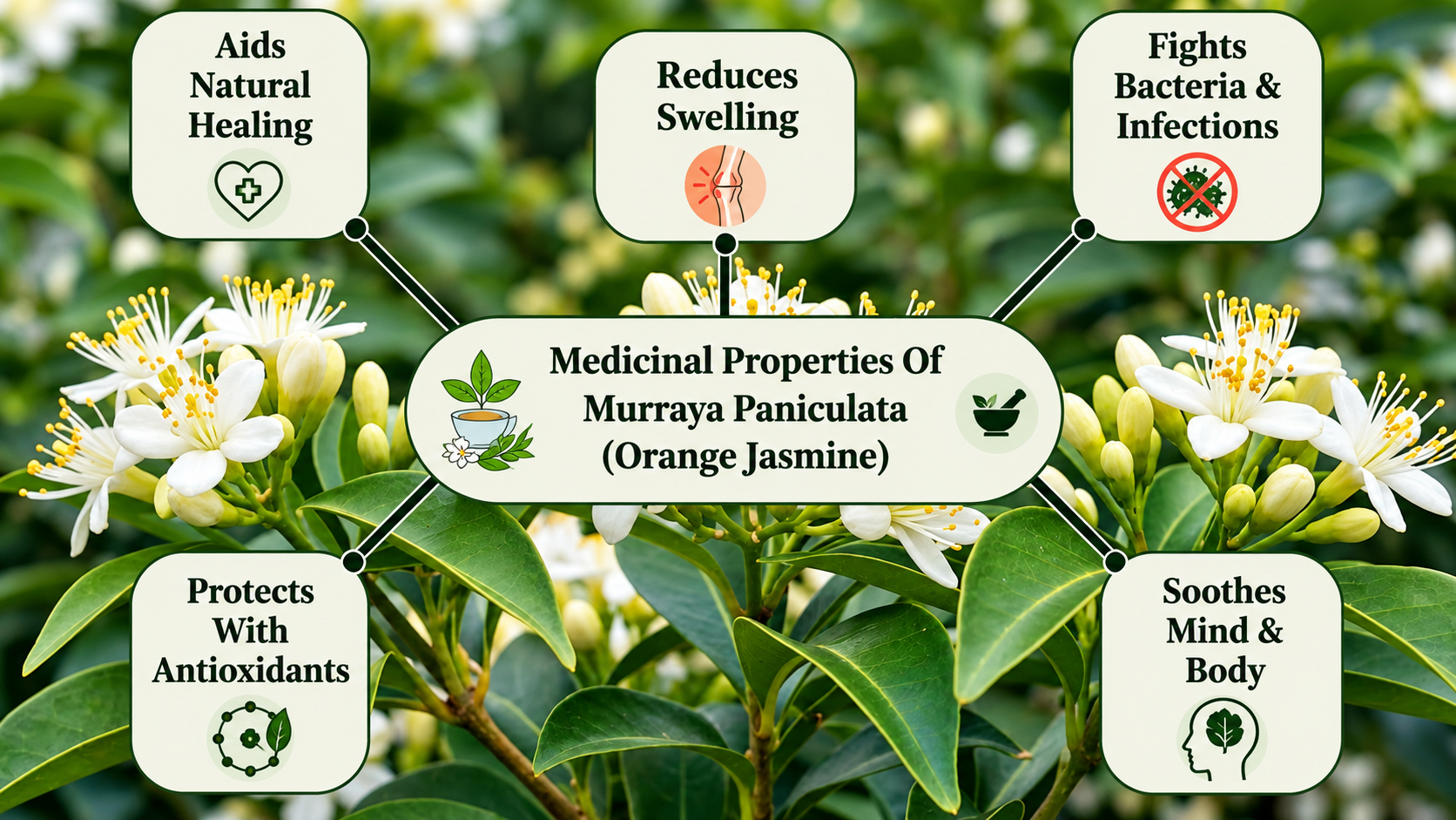 Infographic showing the medicinal properties of Murraya Paniculata Orange Jasmine plant